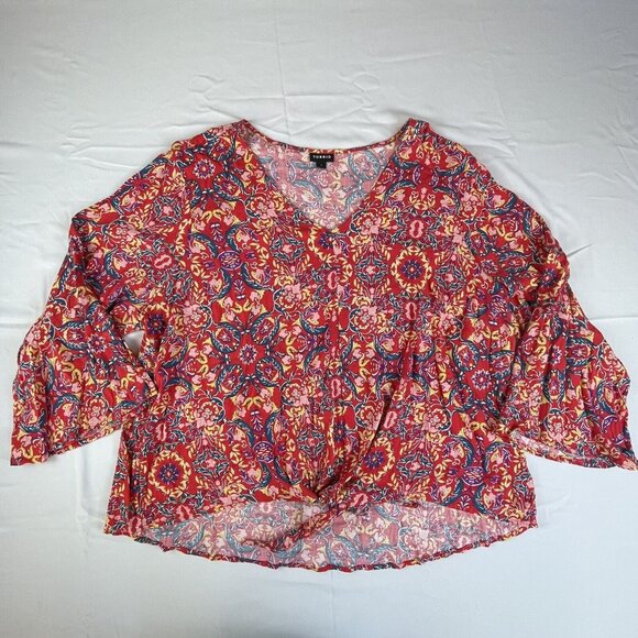 Torrid Womens Sz 3 3X Red Paisley Lenny Tie Front Bell Sleeve‎ V-Neck Boho Slub - Picture 2 of 15